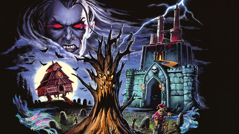 The official cover art to the Horrified Dungeons & Dragons Ravenloft expansion, featuring the face of Strahd looking over his castle and creepy landscape of monsters.