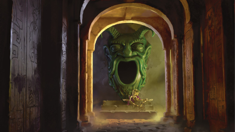 Official D&D artwork featuring a corridor from the Tomb of Horrors with a creepy statue featuring a face.