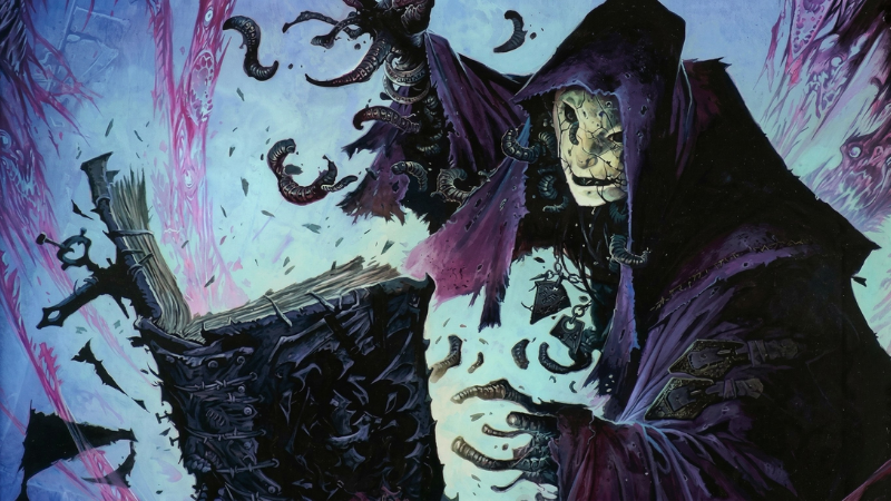 Official D&D artwork featuring a masked sorcerer who is crawling with maggots casting a spell from the dreaded Book of Vile Darkness.