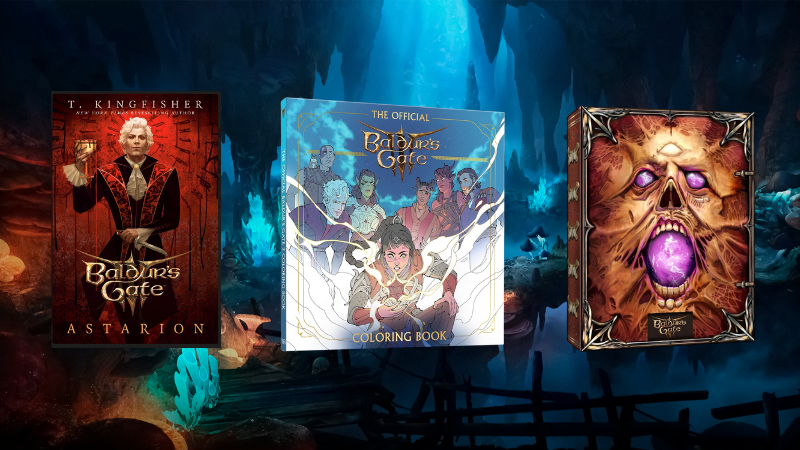 The covers to three of the books in the Baldur's Gate 3 line from Penguin Random House set against a backdrop of the Underdark as featured in the video game.