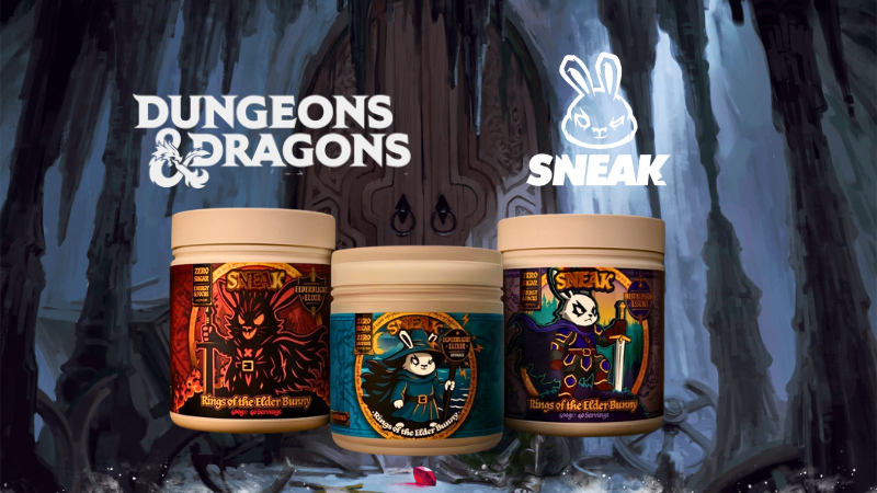 The Dungeons & Dragons and Sneak Energy Drinks logos in front of three cans of fantasy-themed Sneak energy drinks.