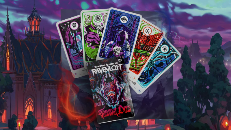 The new 2026 Tarokka deck for D&D, with the cards set in front of an image of a creepy city taken from the upcoming book Ravenloft: The Horrors Within.