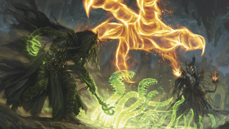 Official D&D art from the Villainous Options 2 Unearthed Arcana playtest, featuring a snake sorcerer battling an evil warlock in a crypt.