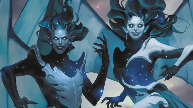 Official D&D artwork, featuring a villainous blue skinned male and female demon with huge leathery wings hovering in the air.