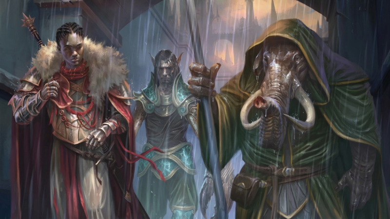 Official D&D artwork, featuring a loxodon, elf and human walking through a city street in Ravnica during a rain storm.