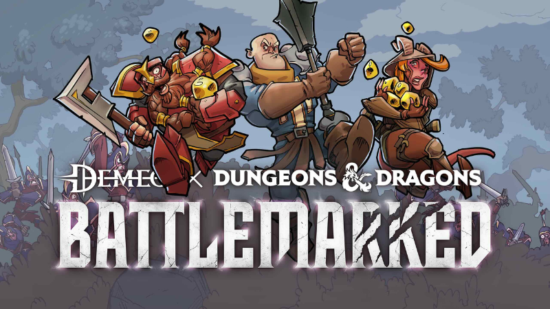 Official art for the Acquisitions Incorporated update for the Demeo x D&D video game, featuring three Penny Arcade-style cartoon adventurers charging into battle.