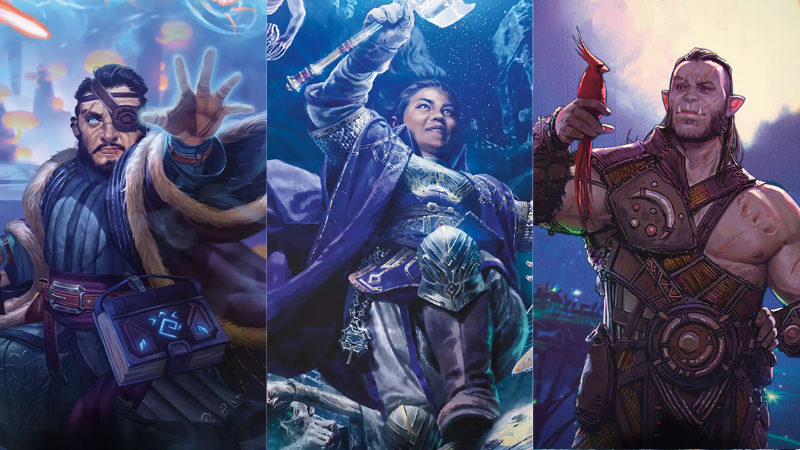 Official art from the new Starter Packs on D&D Beyond, featuring a male human wizard, female dwarf cleric and male orc druid.