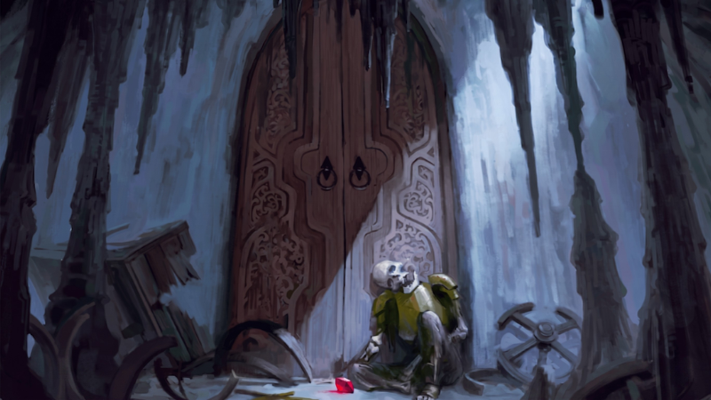 Official D&D artwork, featuring a skeleton sitting outside the door in a dungeon with a massive red ruby lying next to it.