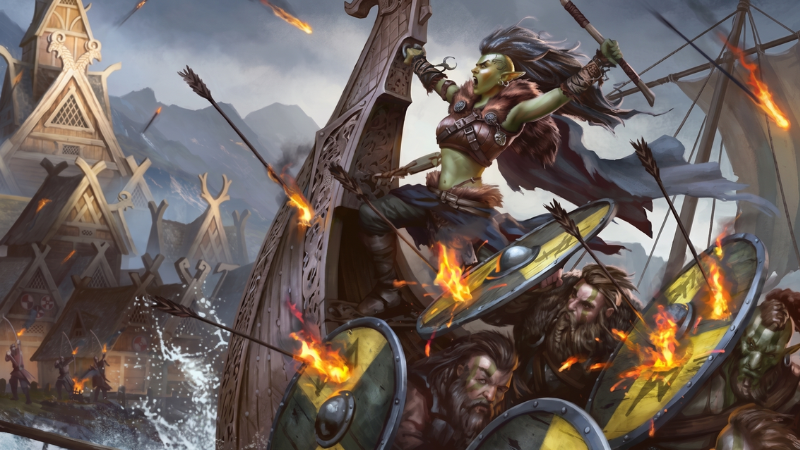 Official art from the Northlands Worldbook on D&D Beyond, featuring a female orc Viking leading a raiding party to shore on a ship as flaming arrows streak overhead.