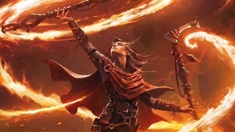 Official Wizards of the Coast artwork, featuring a female sorcerer casting a flame spell while holding a staff into the air.