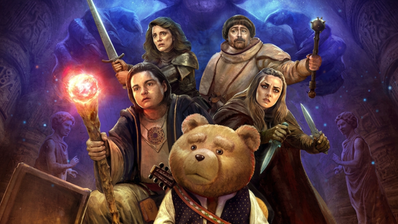 The cast of the "Ted" live action TV show dressed as Dungeons & Dragons characters inside a creepy catacomb.
