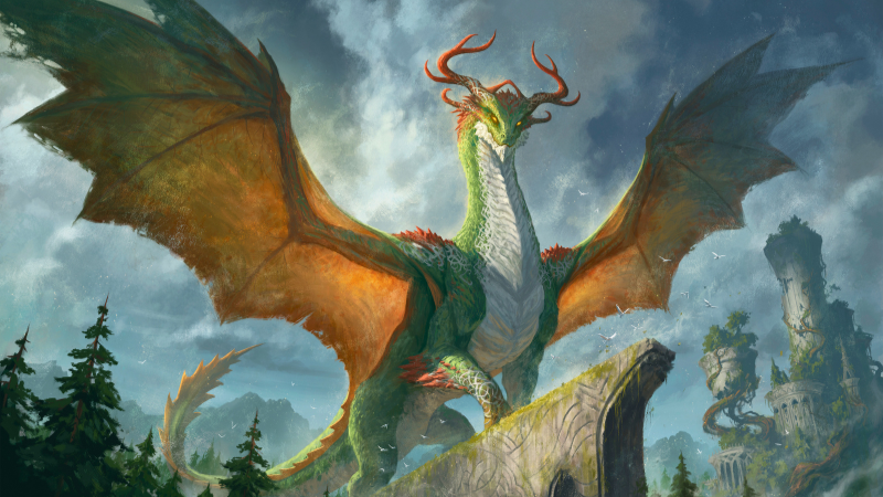 Official D&D artwork of a green skinned spirit dragon with antlers standing atop a rock face with its wings extended.