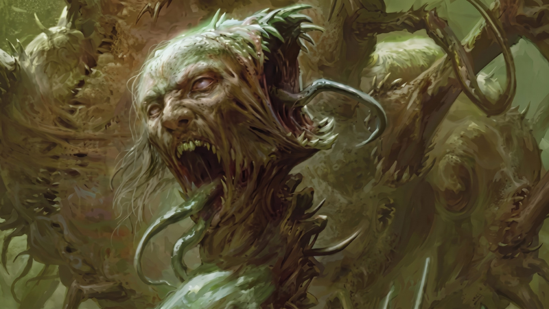Official D&D art from Ravenloft: The Horrors Within, featuring a grotesque monster made up of various zombie body parts, with a demonic screaming face.