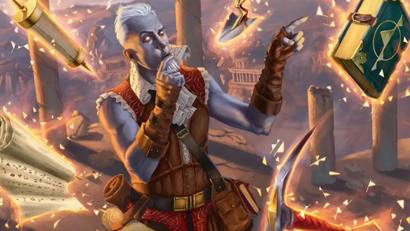 Official Wizards of the Coast art, featuring an Aasimar mage at Strixhaven University casting a spell to levitate a variety of scrolls and books around himself.