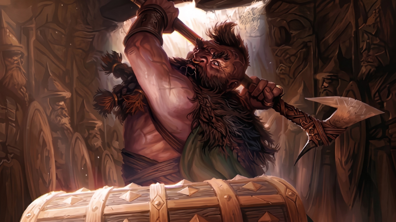 Official D&D artwork, featuring a barbarian swinging a battle axe to break open a treasure chest inside a dungeon.