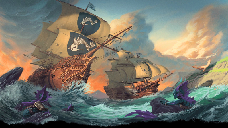 Official D&D artwork, featuring two ships sailing through rocky waters while several purple skinned tritons look on from above the waves.
