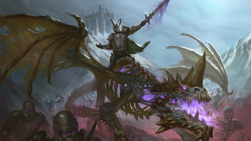 D&D artwork featuring a Death Knight riding a dracolich and leading an army of skeletons into battle.