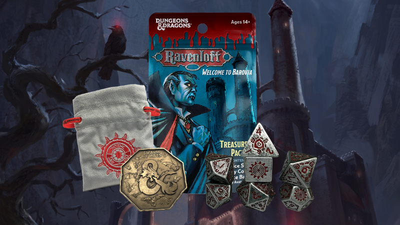 The new D&D Castle Ravenloft Treasure Packs from Sirius Dice set against a background of a creepy castle at night.