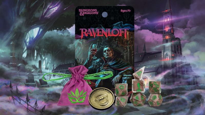 A sets of the new Sirius D&D Ravenloft: The Horrors Within dice set against a background image of a creepy castle.