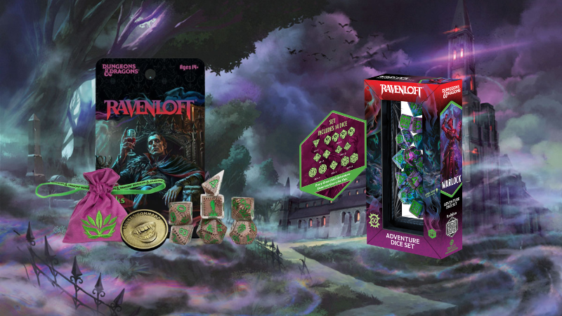 Two sets of the new Sirius D&D Ravenloft: The Horrors Within dice sets against a background image of a creepy castle.