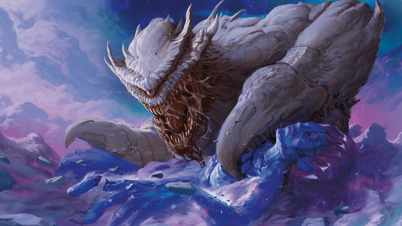 Official D&D art from Wizards of the Coast, featuring a giant one-eyed interdimensional demon clawing its way across a toppled statue made of blue crystal.