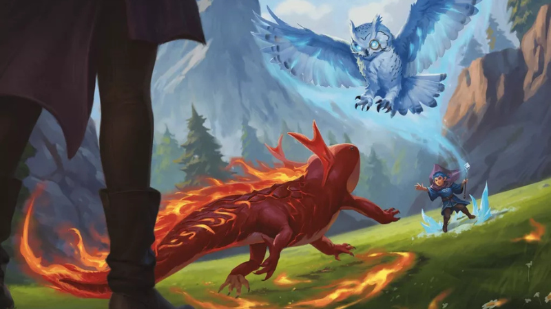 Official art from the D&D supplement "Arcana Unleashed" featuring two wizards in a duel having summoned a magical ice owl and fire lizard to battle for them.