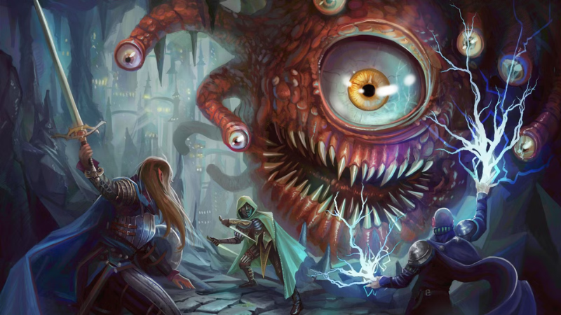 Promotional art from Baldur's Gate 1, featuring a group of D&D adventurers battling a beholder in a dungeon.