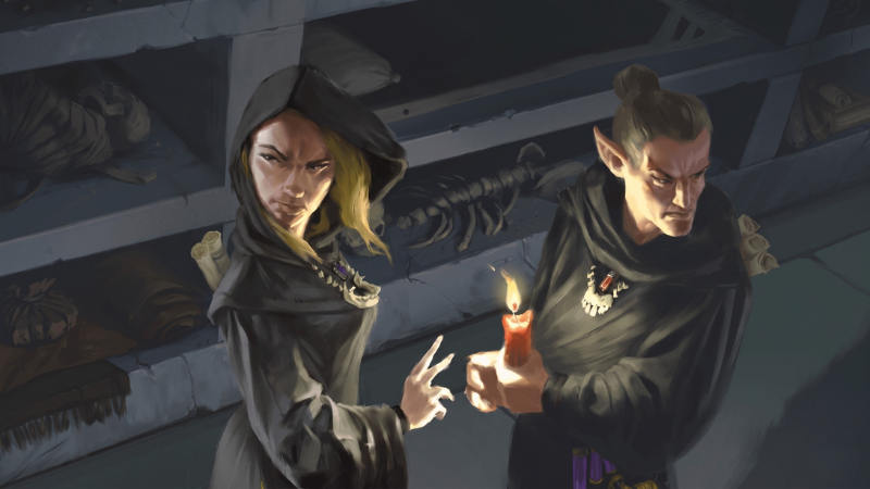 Official D&D art, featuring two cultists sharing a secret message during a clandestine drop in a catacomb.