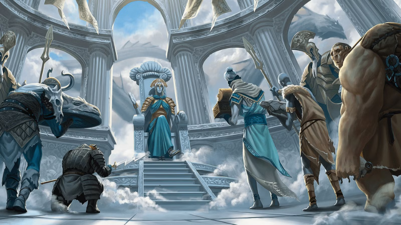Official D&D artwork from Wizards of the Coast, featuring a council of cloud giants gathered in a throne room.
