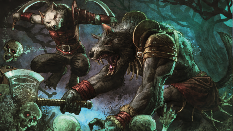 Official D&D art from "Ravenloft: The Horrors Within," featuring two Lupin warriors with axes and swords battling a group of animated skeletons.