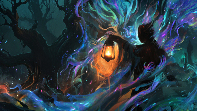 Official art from Ravenloft: The Horrors Within, featuring a shadowy figure holding up a lamp in a dark forest as spectral mists wrap around their body.