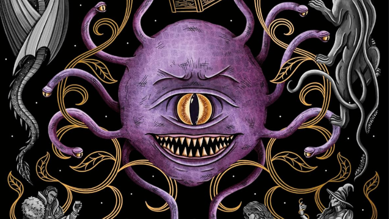Cover art for the official Dungeons & Dragons Encyclopedia, featuring a stylized version of a purple beholder set against an ornate black and gold background.