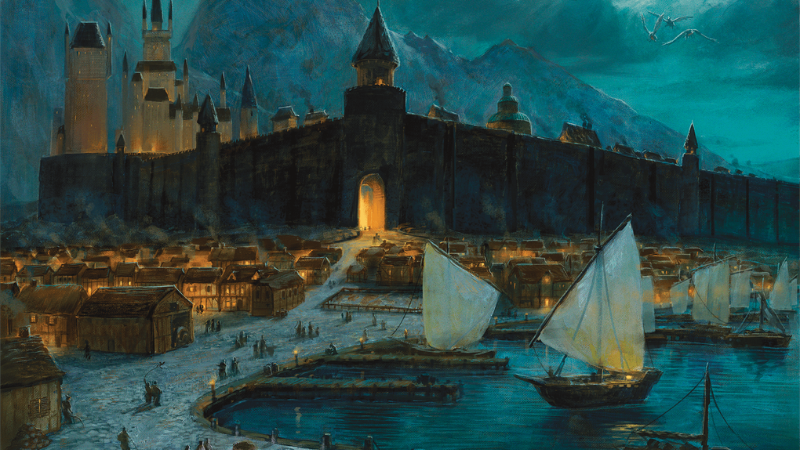 Official D&D artwork from Wizards of the Coast, featuring a busy port in the City of Greyhawk at night.
