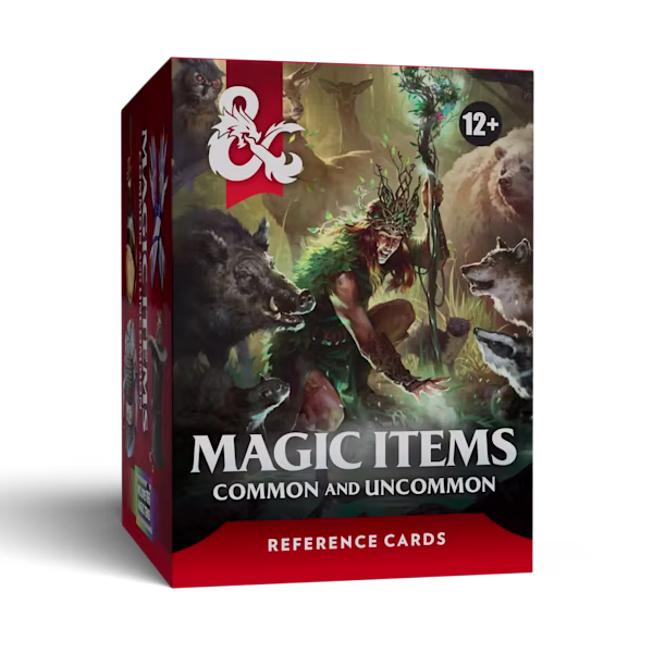 The cover to the box of D&D Magic Item cards featuring Common and Uncommon items.