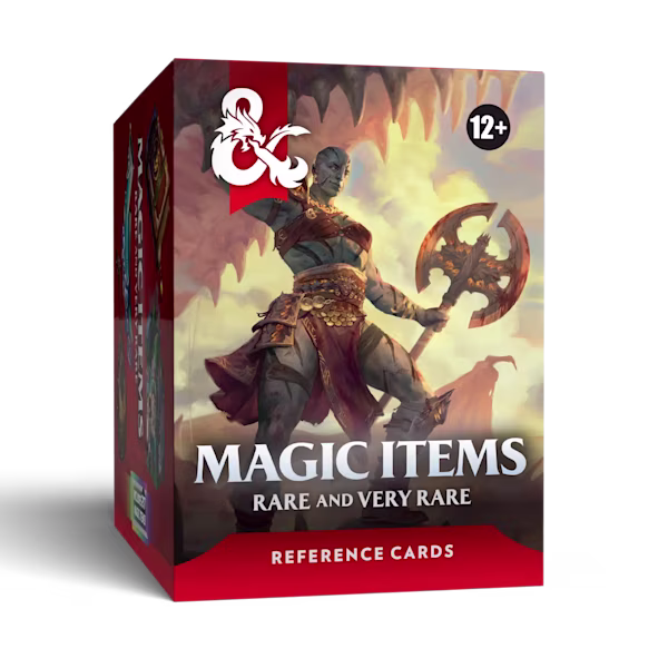 The cover to the box of D&D Magic Item cards featuring Rare and Very Rare items.