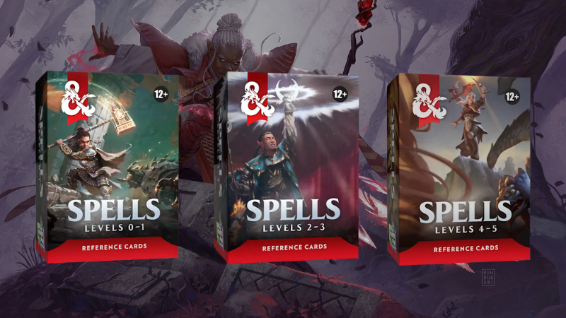 The covers to the packs of three new D&D Spell Cards released in August 2026.
