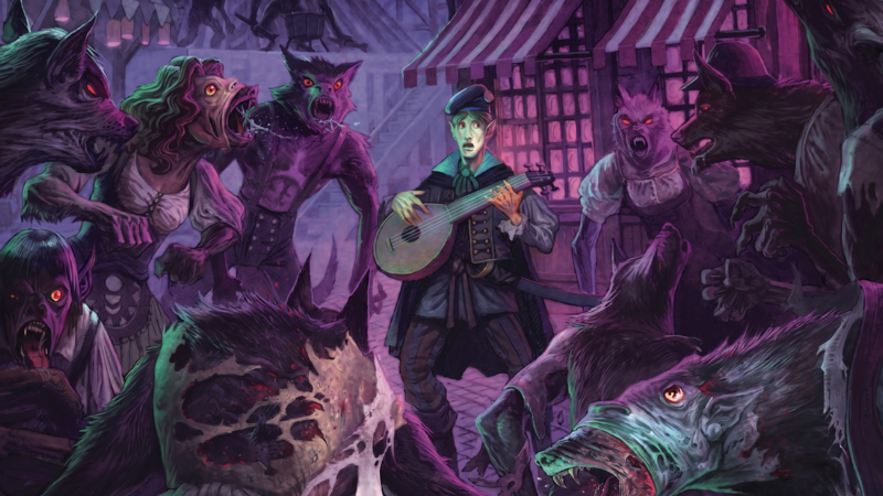 Official D&D artwork from "Ravenloft: The Horrors Within," featuring a terrified looking foppish Bard holding a lute and surrounded by fish people who are transforming into werewolves outside a carnival.
