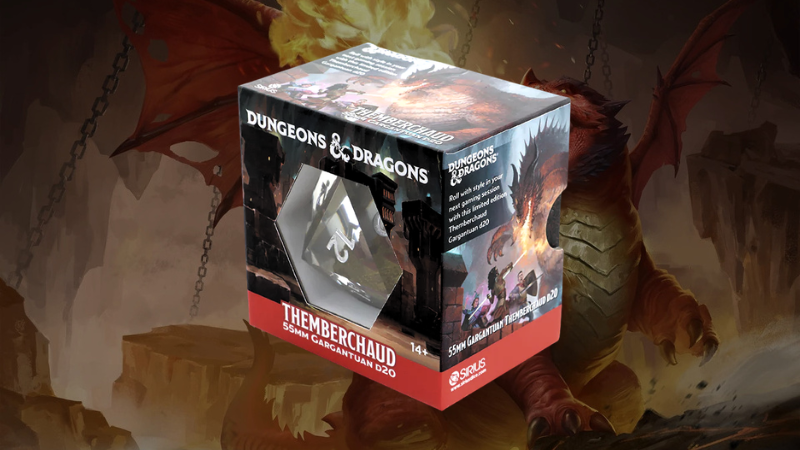 The box containing the giant-sized 50mm D&D Themberchaud oversized D20 from Sirius Dice.
