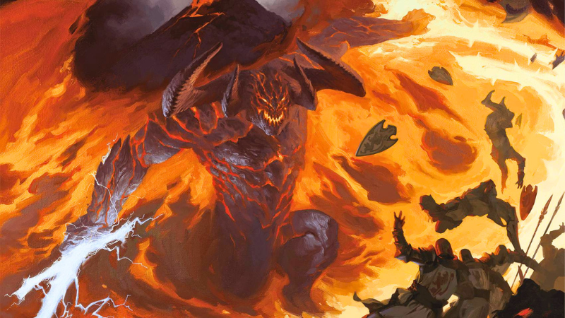 Official D&D artwork from the Villainous Options Update, featuring a giant demon hacking through a group of knights.