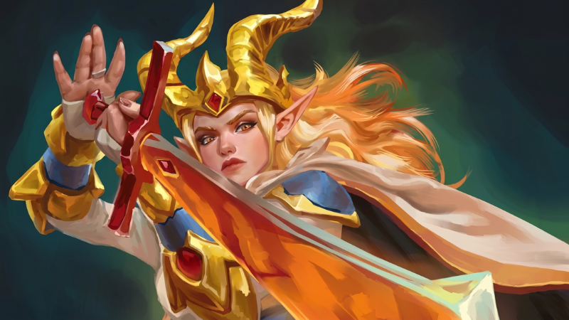 Official art from Valda's Spire of Secrets Player Pack 2 on D&D, featuring a beautiful female elf wielding a glowing red and orange magical sword.