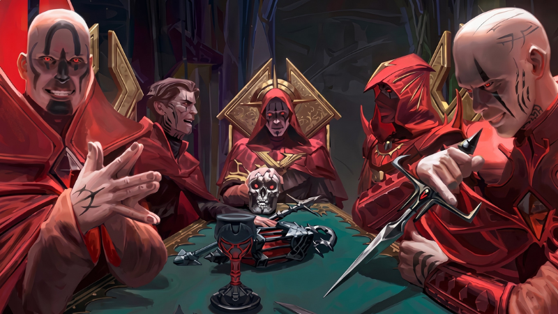 Official art for the D&D campaign book "Arcana Unleashed: Deadfall," featuring a group of evil Red Wizards of Thay gathered around a long table in a dark chamber.