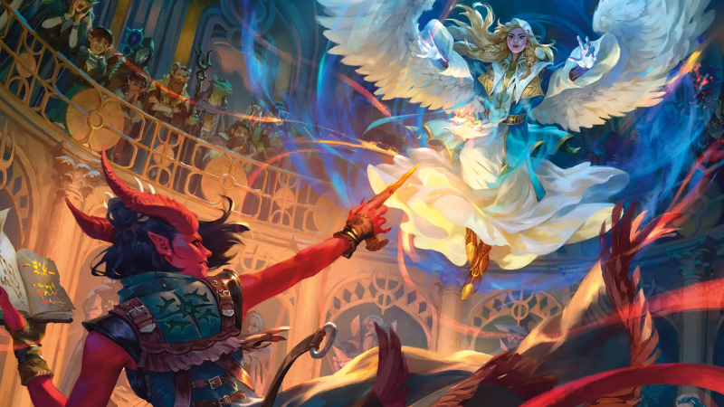 Official cover art from the Arcana Unleashed Map Pack, featuring a female tiefling wizard in a magical battle with an angel-like Aasimar in a library, while elderly wizards look on in judgement.