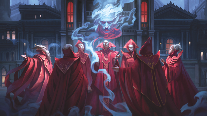 Official D&D art from "Arcana Unleashed: Deadfall," featuring a group of Red Wizards summoning a spirit made of smoke in an eldritch ritual.
