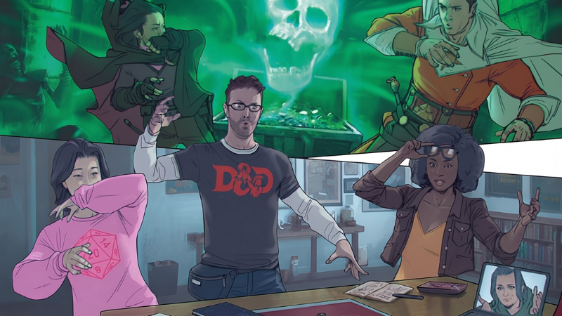 Official D&D artwork, featuring a group of players gathered around a table while behind them images explode to life showing what their characters are doing in the game.