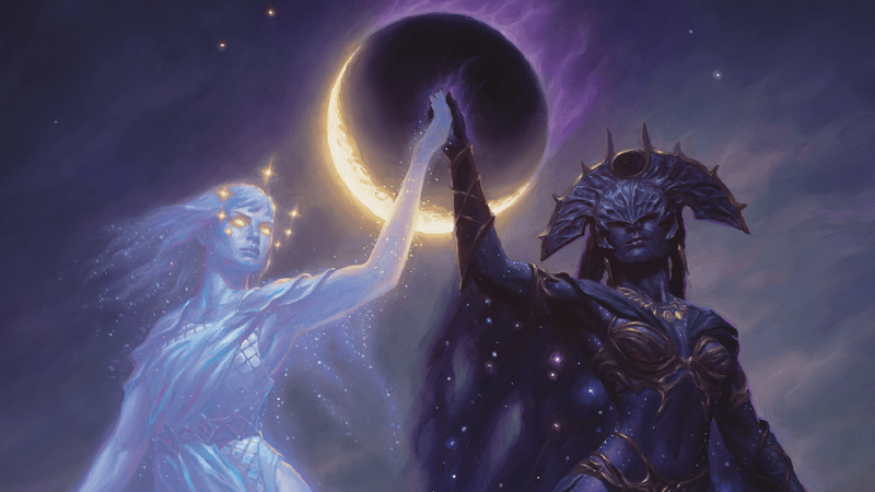 Official D&D artwork from Wizards of the Coast, featuring the goddesses Selûne and Shar touching hands during a lunar eclipse.