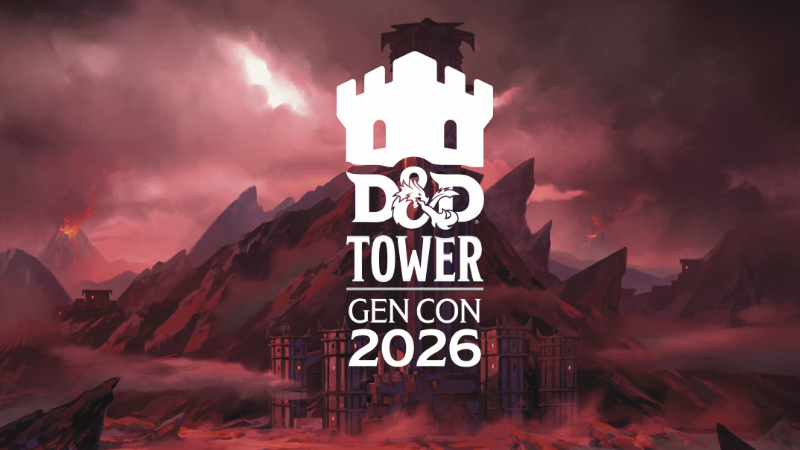 The official D&D Tower logo for Gen Con 2026 set against the backdrop of a creepy citadel in the land of Thay.