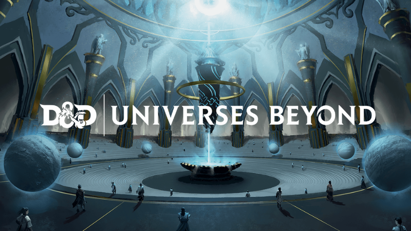 The official logo for D&D Universes Beyond set against an image of a massive chamber filled with glowing magical energy.