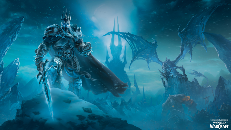 Official D&D artwork from the new World of Warcraft sourcebook, showing the dreaded lich king standing in a frozen wasteland with an undead dragon behind him.