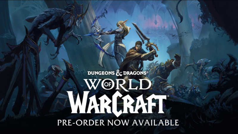 A banner with the official D&D and World of Craft logos, showing a group of adventurers from Azeroth battling orcs in a swamp.