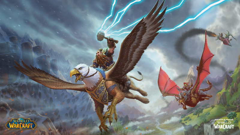 Official art from the D&D World of Warcraft supplement, featuring a dwarf riding a flying griffon as goblins give chase on giant flying bats and a smoking, steampunk rocket.